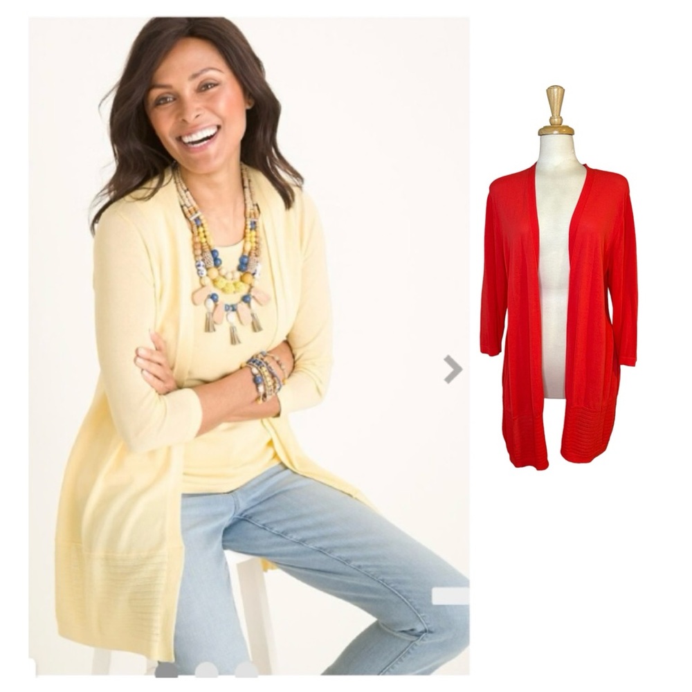CHICO’S Cardigan XXL Stitch Detail Watermelon Pink Cotton Lightweight Open Front